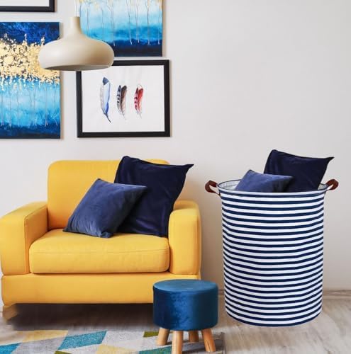 ESSME Laundry Hamper,Blue laundry basket,Collapsible with Waterproof PE Coating,Canvas Fabric Nursery Hamper for Room Decor,(Navy Blue stripes) - Image 5