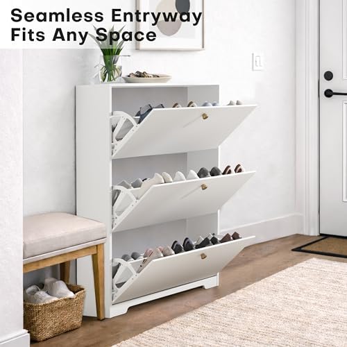Nicetree Shoe Cabinet with 3 Flip Drawers, Modern Entryway Organizer, White - Image 4