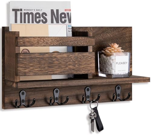 Key and Mail Holder for Wall Decorative - Rustic Mail Organizer Wall Mount, Wooden Letter Sorter Organizer with 4 Key Rack Hooks for Hallway Kitchen Farmhouse Decor (Brown) by Lucundm