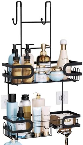 HapiRm Hanging Shower Caddy Over the Door with 14 Hooks and Soap Holder, No Drilling Adhesive Shower Storage, Rustproof & Waterproof Stainless Steel Bathroom Shelves - Black by HapiRm