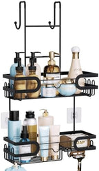 HapiRm Hanging Shower Caddy Over the Door with 14 Hooks and Soap Holder, No Drilling Adhesive Shower Storage, Rustproof & Waterproof Stainless Steel Bathroom Shelves - Black by HapiRm