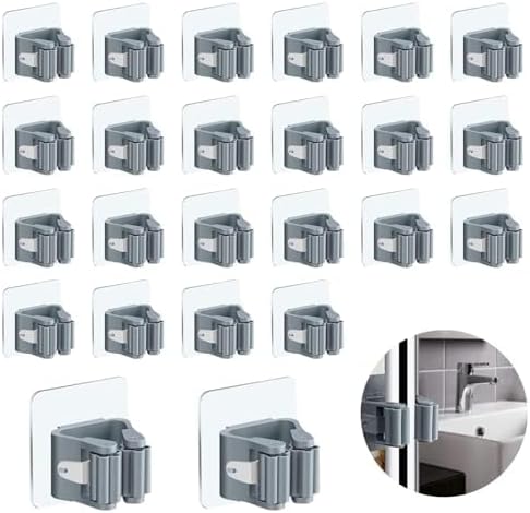 3-H 24-Pack Self Adhesive Broom Holder Wall Mount - Heavy Duty No Drill Broom Organizer for Garage Closet Kitchen, Plastic Storage Rack for Brooms Mops Tools, Peel and Stick Adhesive,Grey by 3-H