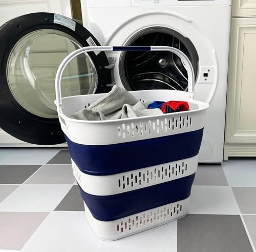 SAMMART 38L (10 Gallon) Collapsible Plastic Laundry Basket - Foldable Pop-Up Storage Container/Organizer – Portable Space Saving Laundry Hamper (1, White/Starry Blue) - Image 3