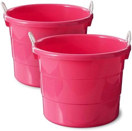 HOMZ 2-Pack Utility Tub, Large Plastic Storage Bucket with Rope Handles, 18 Gallon, Pink - Portable Indoor and Outdoor Buckets for Kitchen, Laundry, Garden, Bathroom, and Garage Organization by Homz