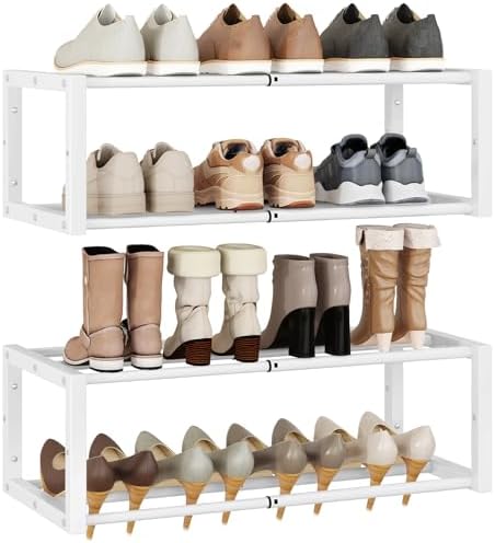 IBUYKE 2 Pack Wall Mounted Shoe Rack, 16"-29” Expandable Hanging Shoe Organizer for 12-16 Pairs, Space Saving Metal Wall Shoe Storage for Entryway Closet, White TXJ001W-2 by IBUYKE