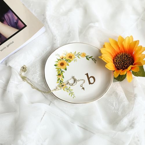 COLLECTIVE HOME - Ceramic Jewelry Tray, Trinket Dish for Rings Earrings Necklaces Bracelet Watch Keys, Birthday Mother's Day Christmas Gift for Women, 4.75", White Surface wirh Sunflowers (b) - Image 2