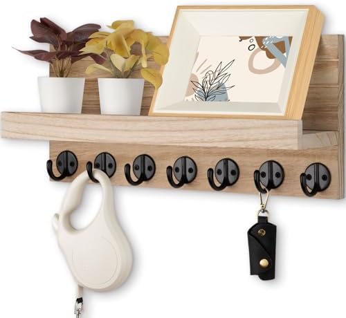 Lwenki Key Holder Wall Mount, Entryway Key and Mail Holder with 7 Sturdy Hooks for Sunglasses, Dog Leash, Decorative Wall Shelf with Mounting Hardware, 15”W x 6.7”H x 4.2”D (Wood) by Lwenki