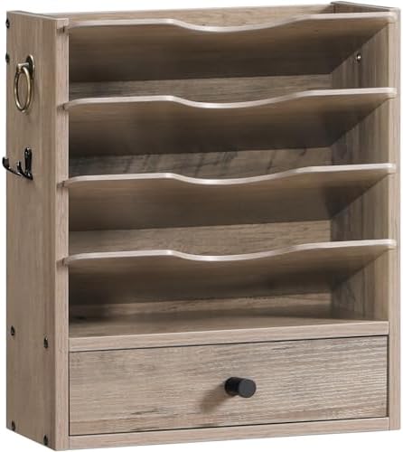 HOOBRO Wall File Organizer, Mail Organizer Wall Mounted, Wooden Mail Sorter, Construction Paper Holder with Drawer Storage and 2 Hooks, for Office, Classroom, Home, Greige BG14WF01 by HOOBRO
