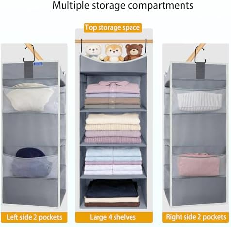 4-Shelf Hanging Closet Organizer and Storage with Side Pockets, Collapsible Closet Hanging Shelves for Storage, Grey - Image 5