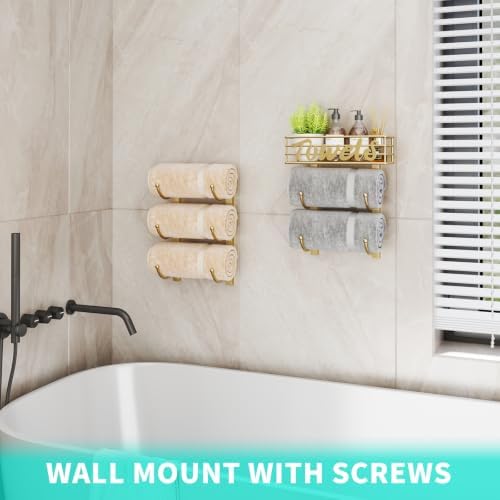 HapiRm Towel Racks for Bathroom Storage - 6 Tier Over The Door & Wall Mount Rolled Towel Storage Organizer Holder with Metal Shelf Basket for Small Bathroom, Camper, Rv - Gold, Patented - Image 6