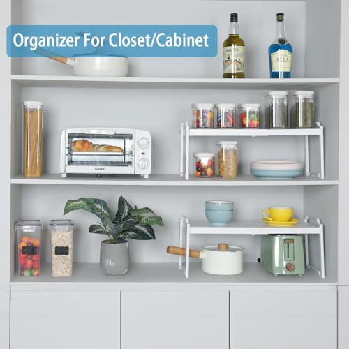 Set of 2 Expandable Kitchen Cabinet Shelves Organizers, Stackable Adjustable Small Storage Shelf Rack Stand For Pantry Cabinet Cupboard Kitchen Counter Organization, 22 lbs Capacity, Length:20.5" - Image 6