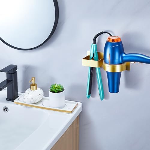 Hair Dryer Holder Wall Mounted, Hair Straightener Holder, Blow Dryer Holder Adhesive, Hair Tool Organizer for Flat Iron, Hairdryer, Curling Iron Holder for Bathroom Vanity Barber Shop (Gold) - Image 2
