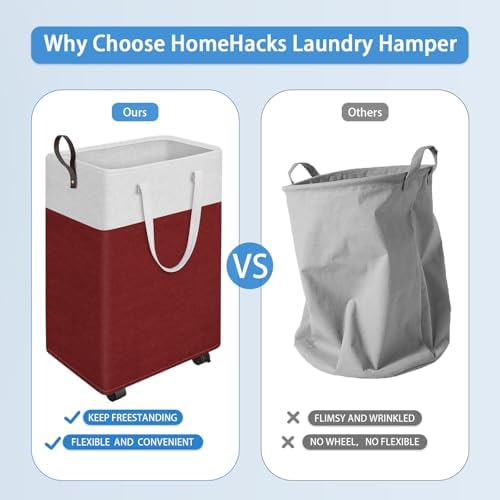 HomeHacks 90L Rolling Laundry Basket with 4 Wheels Collapsible Red - Image 4