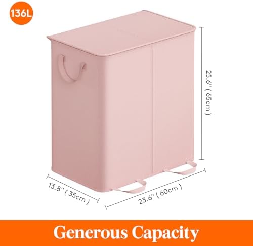 Lifewit Double Laundry Hamper with Lid, Removable Laundry Bags, Pink - Image 5