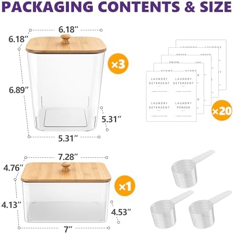 3+1 Pack Bamboo Laundry Pods Container, Clear Laundry Room Organization Containers,Large Laundry Detergent Powder Storage Containers Lids & Labels, Acrylic Laundry Pods Holder for Scent Booster - Image 2