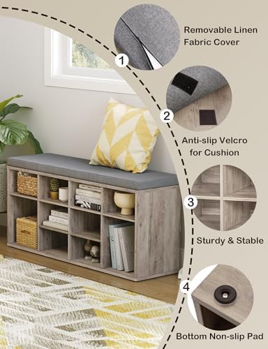 DINZI LVJ Shoe Storage Bench with Cushion, 40.9" Cubby Shoe Rack, 12-Cubby - Image 4