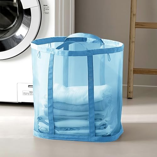 Mesh Bag with Handles, Collapsible Laundry Basket, Foldable Laundry Bag, Breathable Folding Beach Bag,Space-saving Travel Tote Bags (2, Blue) - Image 3