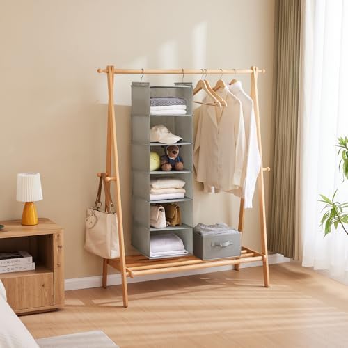 MAX Houser 6 Tier Shelf Hanging Closet Organizer with 2 Hooks, Light Grey | foldable lightweight fabric closet storage, space-saving design for Bedroom, Closet Hanging Shelf for Storage - Image 5