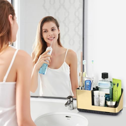 Toothbrush Holders for Bathroom Counter Organizer (Brushed Gold Grain) - Image 2