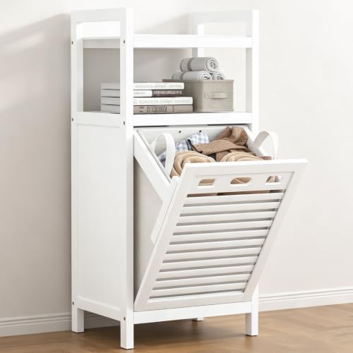 VASMIA Tilt Out Laundry Hamper,Bamboo Laundry Storage Cabinet with Shelf,10 Gal Hidden Laundry Basket Organizer for Bathroom,Laundry Room,White by VASMIA