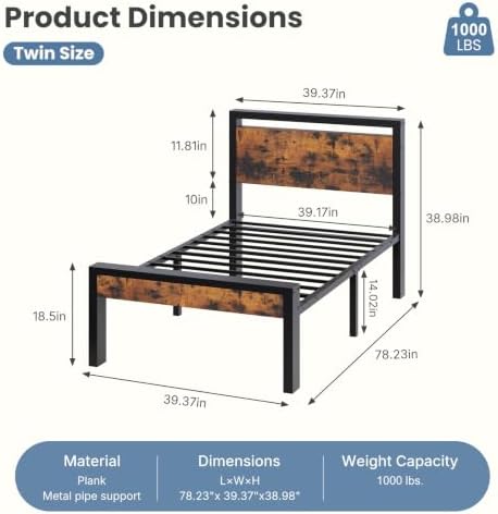 Sweetcrispy Twin 14 Inch Platform Bed Frame with Headboard & Storage, Rust - Image 2