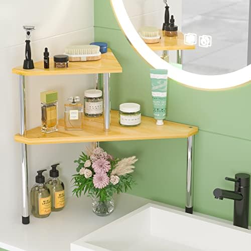 Weenson Bathroom Organizer Countertop Corner Shelf – 2 Tier Bathroom Organization Bamboo Spice Rack Kitchen Countertop Organizer Space Saving Storage Shelves Living Room Office Home Decor - Image 3