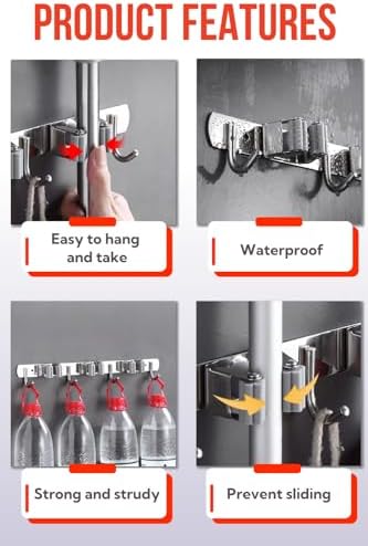 Mop and Broom Holder Wall Mount, Upgraded Broom Hanger Wall Mount, Stainless Steel Broom Organizer for Closet Garage Laundry Room Kitchen Wall Decor(3Racks 4Hooks Silver) - Image 2