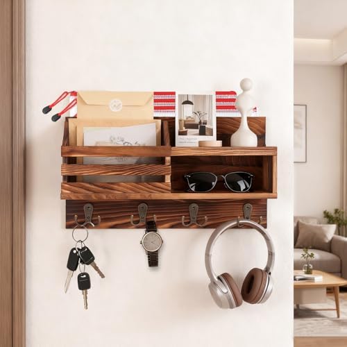 Solid Wood Key and Mail Holder for Wall, Brown - Image 4