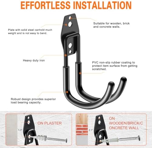 HUPBIPY Heavy Duty Garage Hooks 4 Pack, J Shaped Hanger, Wall Mounted Storage System, Power and Garden Tool Organizer, for Hanging Ladders, Bikes Tires, Hose, Bulk Items - Image 3