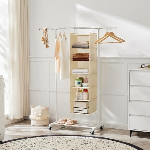 MAX Houser 2 Pack 6 Tier Foldable Hanging Closet Organizer, Beige | foldable lightweight fabric closet storage, space-saving design for Bedroom, Closet Hanging Shelf for Storage - Image 6