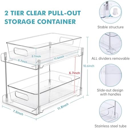 2 Pack Clear Bathroom Organizers and Storage, 2 Tier Pull Out Under Sink Cabinet Organizer Plastic Drawer Organization and Storage for Bathroom and Kitchen - Image 2