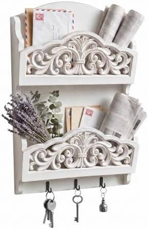 Rustic Key and Mail Holder, 2 Slot Wall Organizer with 3 Key Hooks by Unknown