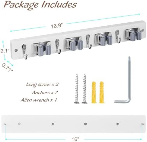 OUTNILI 2 Pack Mop Broom Holder Wall Mount - White Wood Broom Mop Hanger - Wall Mounted Garden Tool Rack Organizer for Closet Garage Laundry Room, 4 Slots & 4 Hooks - Image 6