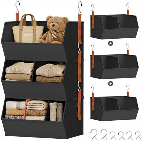 DIMJ Hanging Closet Organizer Extra Large, Clothes Hanging Shelves for Closet with Divider, Collapsible Closet Storage System, Fabric Storage Bins for Home, Black, 15.75 × 12.20 × 9.44, 3 Pack by DiMJ