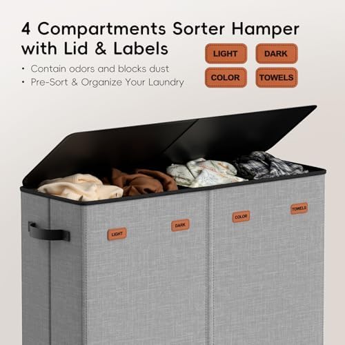 Laundry Hamper 4-Section with Lid, 185L Laundry Sorter with 4 Removable Bags + 1 Extra Large Bag, Switchable 3/4 Compartment, Laundry Basket Organizer for Bedroom, Laundry Room，Grey - Image 4