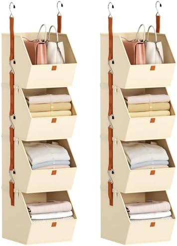 Homsorout Hanging Closet Organizer 4 Tier - Clothes Hanging Shelves, Space-Saving Closet System, Fabric Storage Bins Bedroom Organization, Collapsible Baskets for Home, Dorm, Rv, Beige, 8 Pack by Homsorout