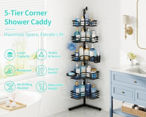 HapiRm Corner Shower Caddy Stand - 5-Tier Adjustable Shower Shelves, Black - Image 2