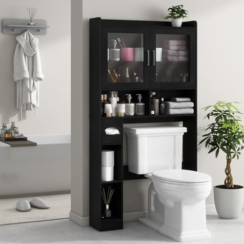 Vabches Over-The-Toilet Storage Cabinet with 2 Acrylic Waves Doors, Black. - Image 5