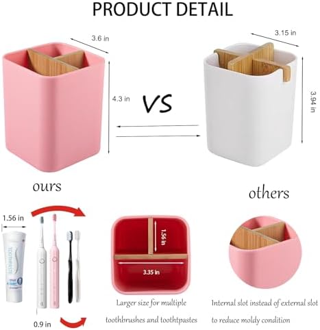 Bamboo Toothbrush Holder for Bathrooms Toothpaste Organizer - Pink - Image 4