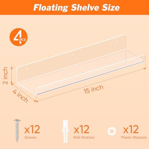 Dooiclear 4 Pack Floating Shelves for Wall, 15" Clear Floating Wall Shelf - Image 3