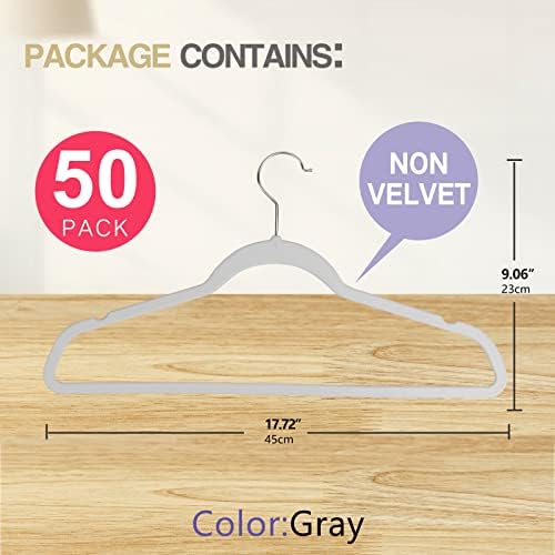 50 Pack Slim Plastic Clothes Hangers Grey | 17.7 in adult size, 0.2 in profile, non-velvet ABS, anti-slip grooves, Closets/dorms/laundry - Image 2