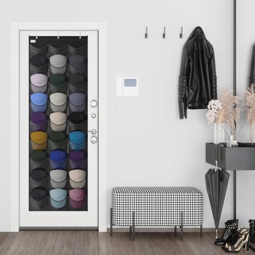 Baseball Hat Rack, 27 Pocket Over-The-Door Hat Organizer with Clear Deep Pockets to Display Baseball Caps Collection, Complete with 3 Over Door Hooks (Black, 27 Pockets) - Image 7