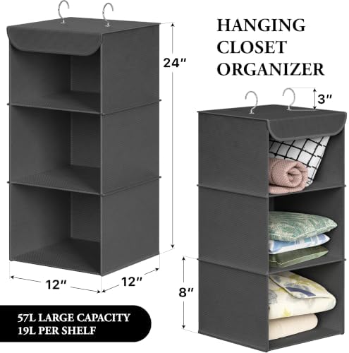 Simple Houseware 3 Shelf Hanging Closet Organizer, Dark Gray | 360° Rotating Dual Hooks, Top Support Metal Frame - Image 2