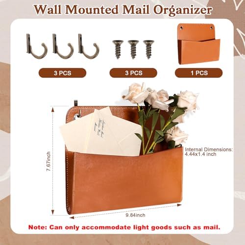 Wall Mount Brown PU Leather Letter Holder 9.8" x 7.7" x 1.4" Mail Holder Vintage Wall File Organizer 2 Ring Binder Hanging File Holder for Office Home Decor Storage Letter Postcards Bill Flowers - Image 2