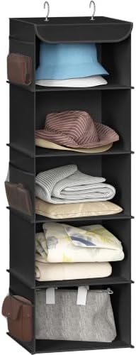 Simple Houseware 5 Shelf Hanging Closet Organizer, Black | 360° Rotating Dual Hooks, Top Support Metal Frame, 6 Side Mesh Pockets by SimpleHouseware