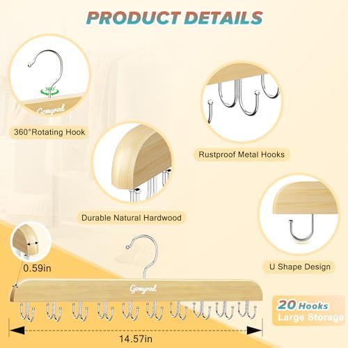 Gomyrod Tank Top Hanger, 2 Pack w/40 Hooks Bra Hanger for Closet Organizer | Premium Wood Space Saving Hanger, 360°Rotating Closet Organizers and Storage, Multi Hook Hanger for Dorm & Apartment - Image 2