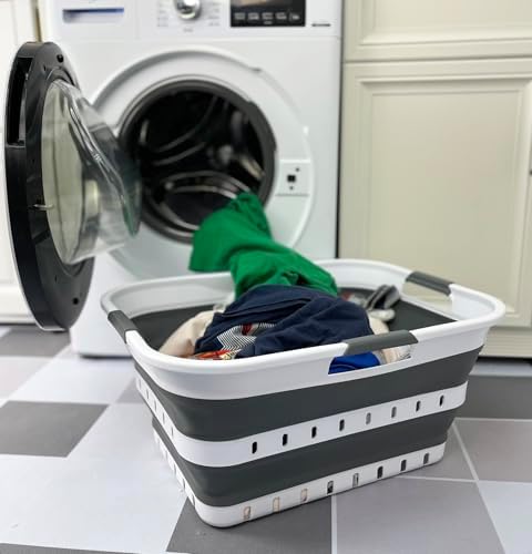 SAMMART Collapsible Plastic Rectangular Laundry Basket - Foldable Pop Up Storage Container/Organizer - Portable Laundry Hamper - Space Saving (White/Steel Grey, 42L) - Image 2