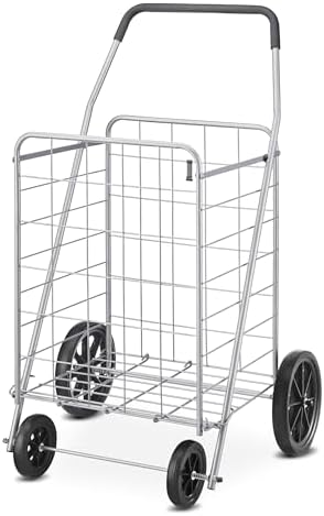 Whitmor Deluxe Utility Foldable Shopping Cart with Wheels, 100 Lb Capacity, Heavy Duty Grocery Cart with Steel Frame, Foam Handle, Rolling Folding Utility Trolley for Grocery, Laundry, Travel, Gray by Whitmor