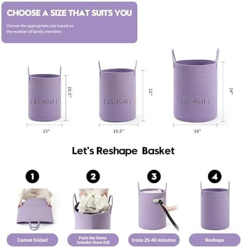 Laundry Basket Hamper Tall Rope Storage Woven for Blanket toys Dirty Clothes in Living Room Bathroom Bedroom (Purple, 100L/26.4Gal) - Image 2