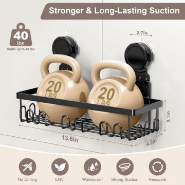 JOTPE Shower Caddy Suction Cup, Powerful Suction Storage Shelf Holds Up to 40 lbs, No Drilling Bathroom Organizer with Large Capacity, Removable & Reusable Shower Basket with Hooks, Rustproof, Black - Image 2